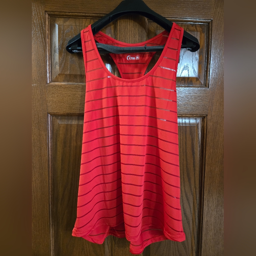 Zyia Active Tank Top Women Size XXL Red Sheer Striped Racerback Havana